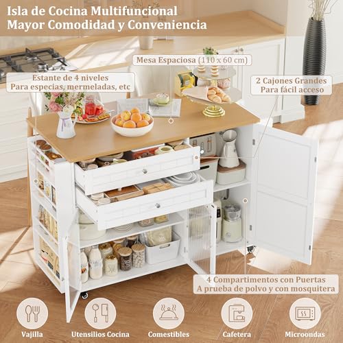 Miniatura 10 de Firfurd Isla Cocina Con Ruedas, Isla De Cocina Con Barra, Mueble Cocina Auxiliar, Con Mesa Plegable, Con 5 Ruedas, 2 Cajones Y 3 Puertas, Especiero Y Toallero Blanco