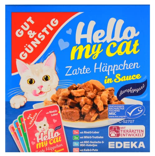 Gut & Günstig Hello My cat Zarte Häppchen in Sauce in 4 Geschmacksrichtungen, 8er Pack (8 x 800g)