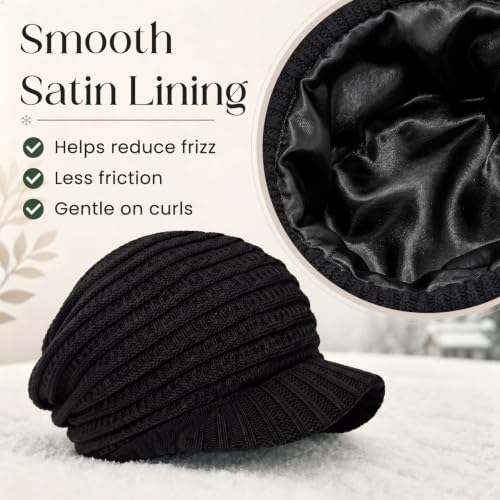 Satin Lined Slouchy Beanie with Brim for Women, Relaxed Fit Winter Knit Hat - Image 3