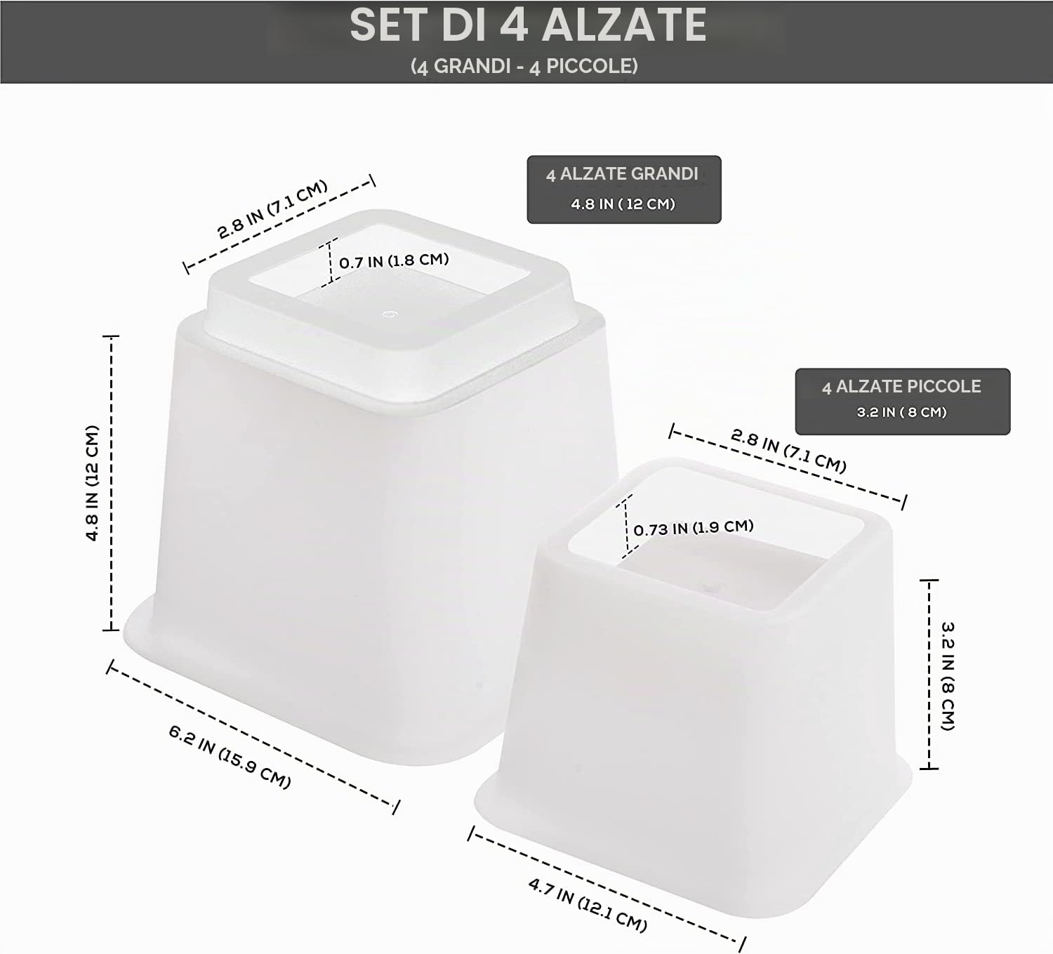 Utopia Bedding Alzata Regolabile Premio - 8 Pezzi (4 Alti e 4 Corti) - Alzata Resistente con Forte Risparmio di Spazio - Alzata Letto, Alzata Tavolo, Alzata Sedia o Divano - (8 a 20 cm) (Bianco)