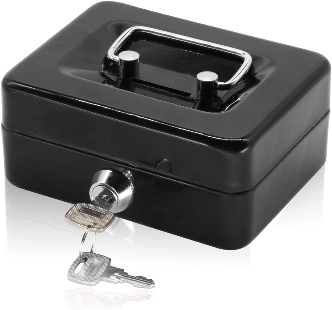 Small Cash Box | Cash Box with Key Lock | With Coin Tray | Portable Mini Metal Cash Box | Mini Cash Box with Money Tray | Money Safe Box | (Black)-image-2
