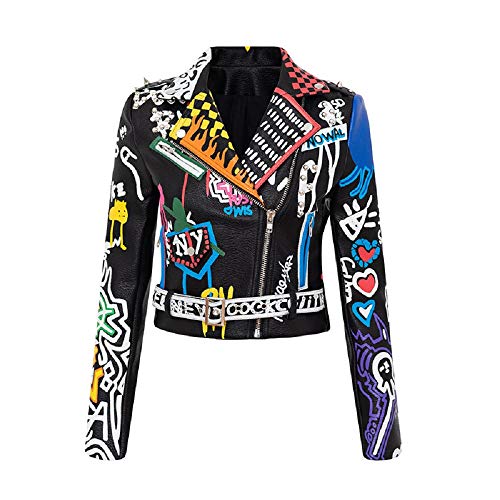 Liandesheng Leather Jacket Women Motor Biker Graffiti Black Print Punk Cropped Coat (X-Large)