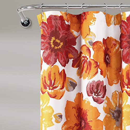 Image of Lush Decor Leah Floral Shower Curtain, 72 inch W x 72 inch L, Red & Orange - Fabric Shower Curtains - Watercolor Botanical Bathroom Curtain - Farmhouse & French Country Decor