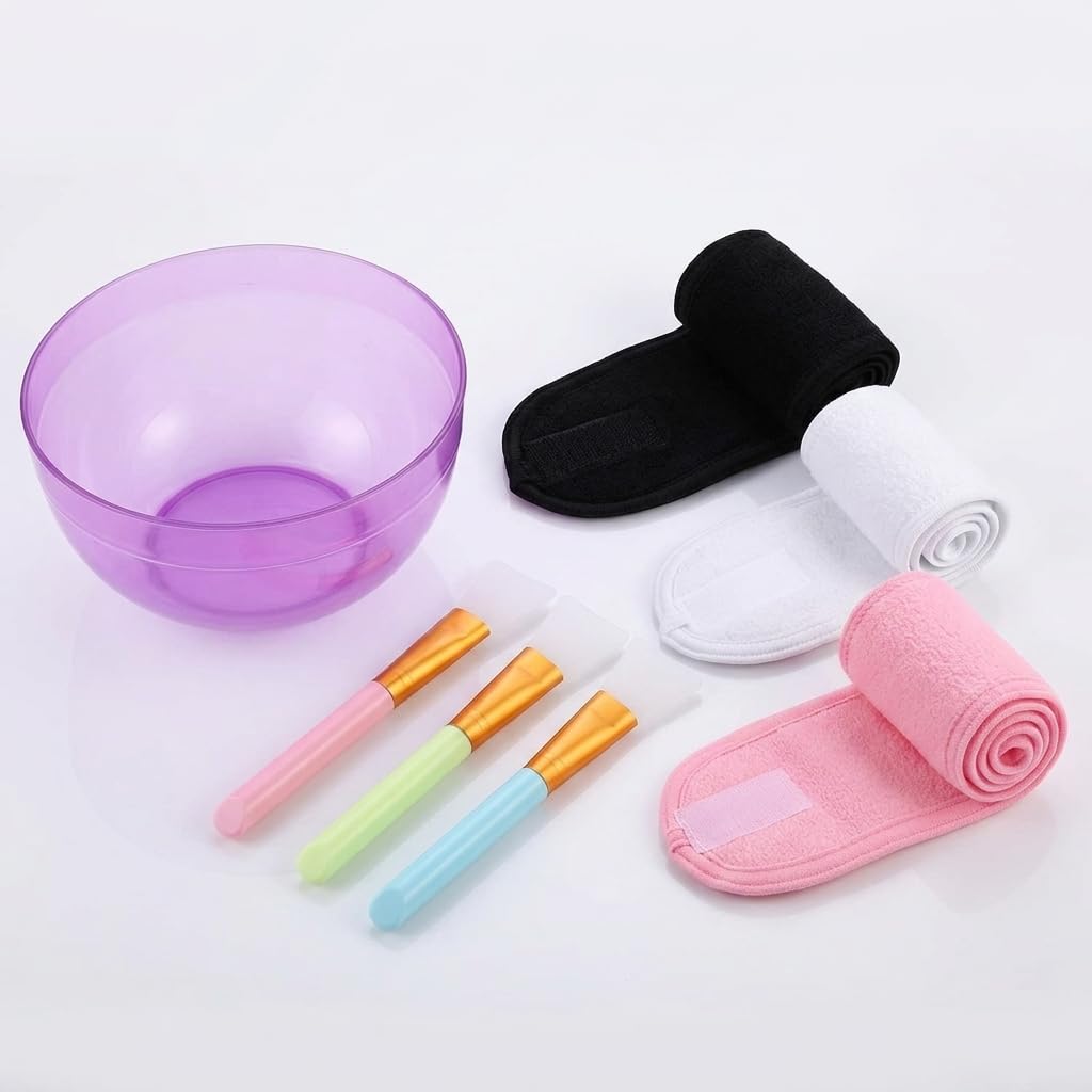 ayushicreationa 3-in-1 Face Mask Mixing Bowl Set with Silicone Mud Mask Applicator Brush & Adjustable Non-Slip Terry Cloth Facial Spa Headband for Women, Home Salon Beauty Tool Kit (Pack of 3) 3