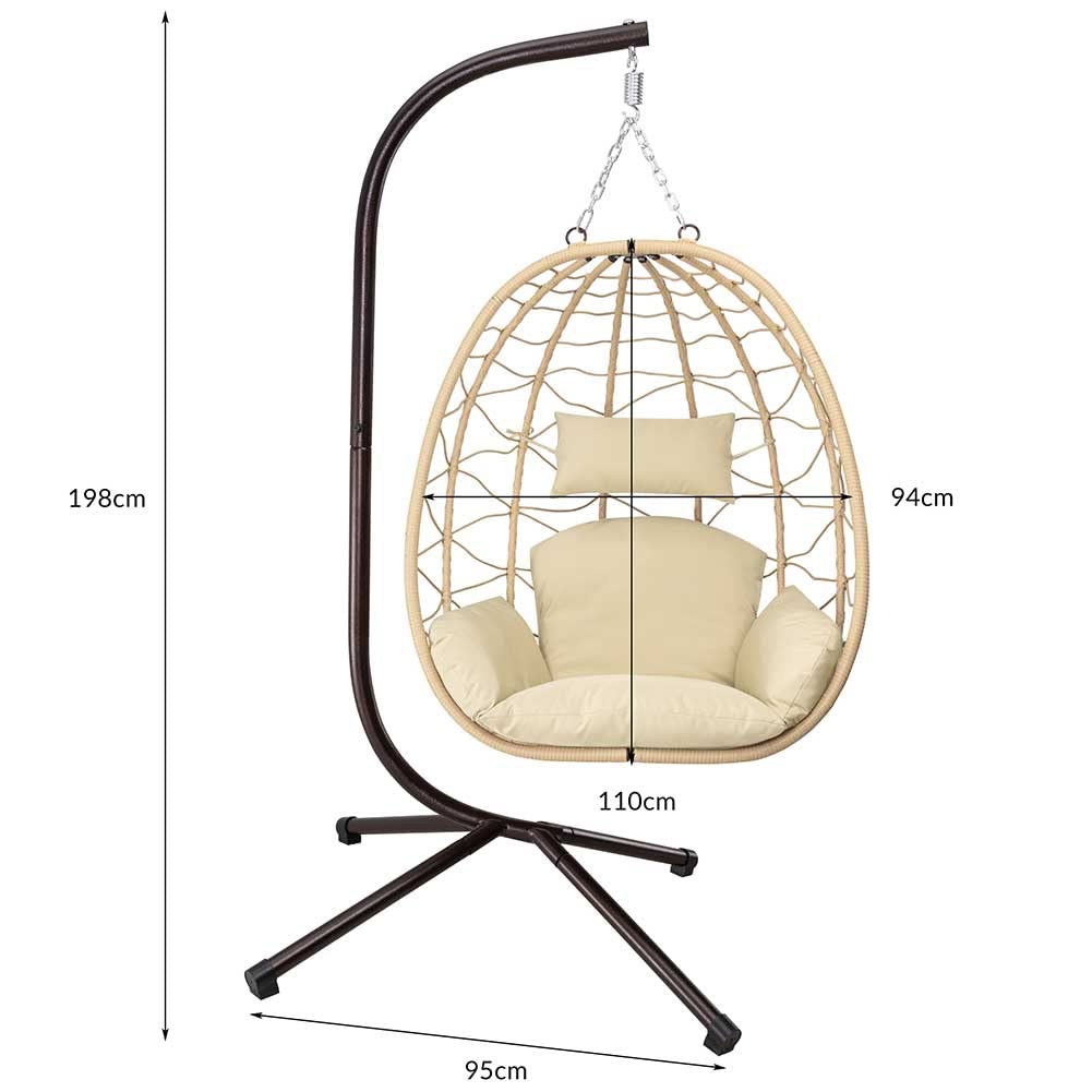 Bakaji Fauteuil Suspendu de Jardin, Chaise balançoire hamac d'extérieur Structure en métal nid en rotin et Corde + Coussin rembourré et appuie-tête Design Moderne 198 x 110 x 95 cm (Beige)