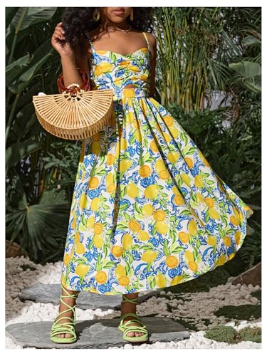 Girl's Lemon Graphic Cami Dress Spaghetti Strap Sleeveless Flowy Vacation Sundress4