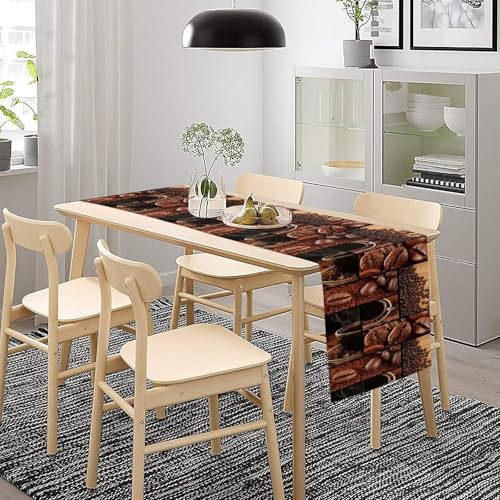 Image of Coffee Print Table Runner Rectangle Modern Art Coffee Cup Coffee Bean Abstract Heart Non-Slip Print for Dining Room Kitchen Living Room Party 13x36 inch
