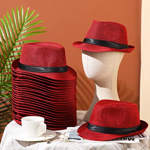 24 Pack 1920S Straw Fedora Hats Bulk For Men Short Brim Sun Panama Hats For Women Party Costume, Circumference 60 Cm (Wine Red) #TOP6