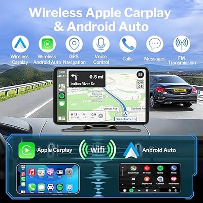 Wireless Apple Carplay Screen for Car, 7 HD Portable Car Stereo Touch Screen with Apple CarPlay & Android Auto with Backup Camera/Mirror Link/Siri/Bluetooth/Voice Control/Navigation/AUX for All Cars