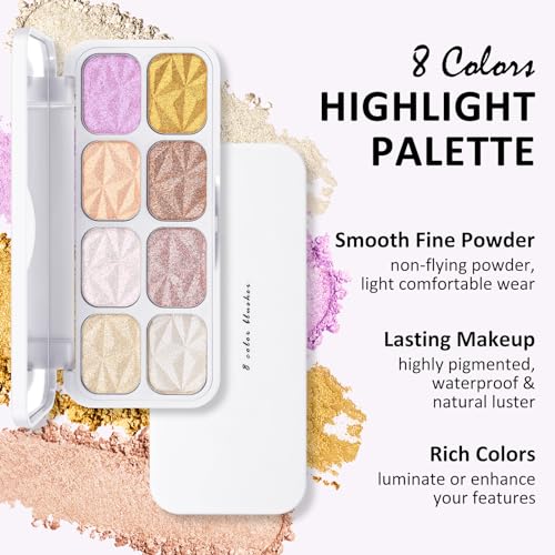 Boobeen 8 Colors Highlighter Makeup Highlight Powder Palette, Shimmer Facial Illuminator Bronzer Palette Waterproof Long Lasting, Highlighting Eyeshadow & Defining the Face - Image 3