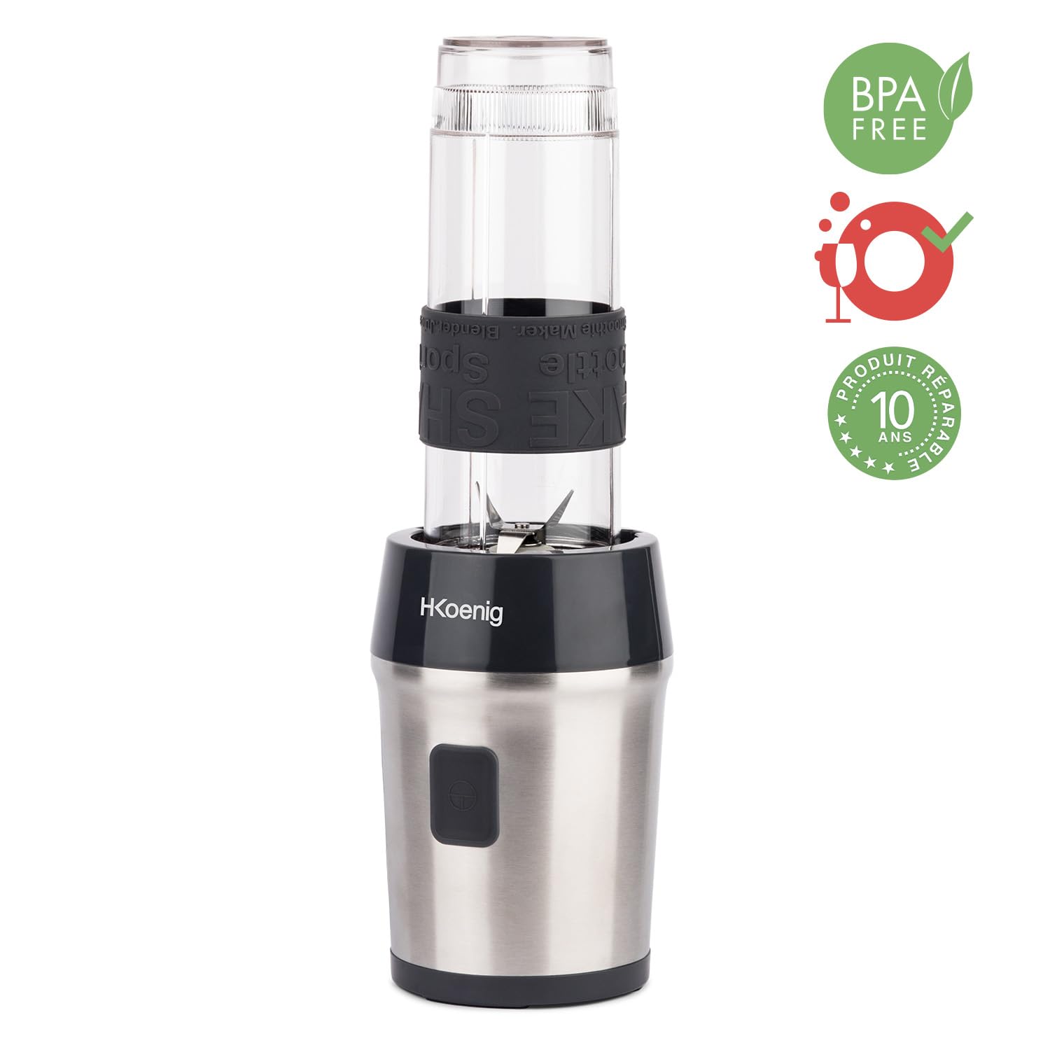H.Koenig Smoothie Maker SMOO9 – mini blender – 300 W – 570 ml – stal szlachetna – 2 butelki z tworzywa sztucznego – nie zawiera BPA