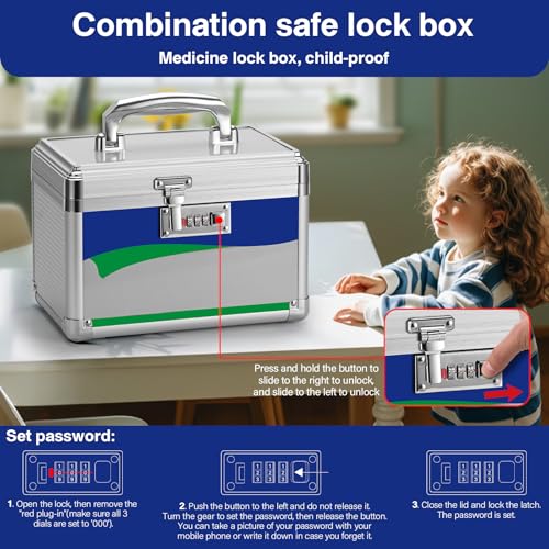 Image of Medicine Storage Box with Code, Empty First Aid Box with Size 10 * 6 * 6.7 inch, Safe Medication Storage Organizer for Home, Outdoor, Dorm- Silver