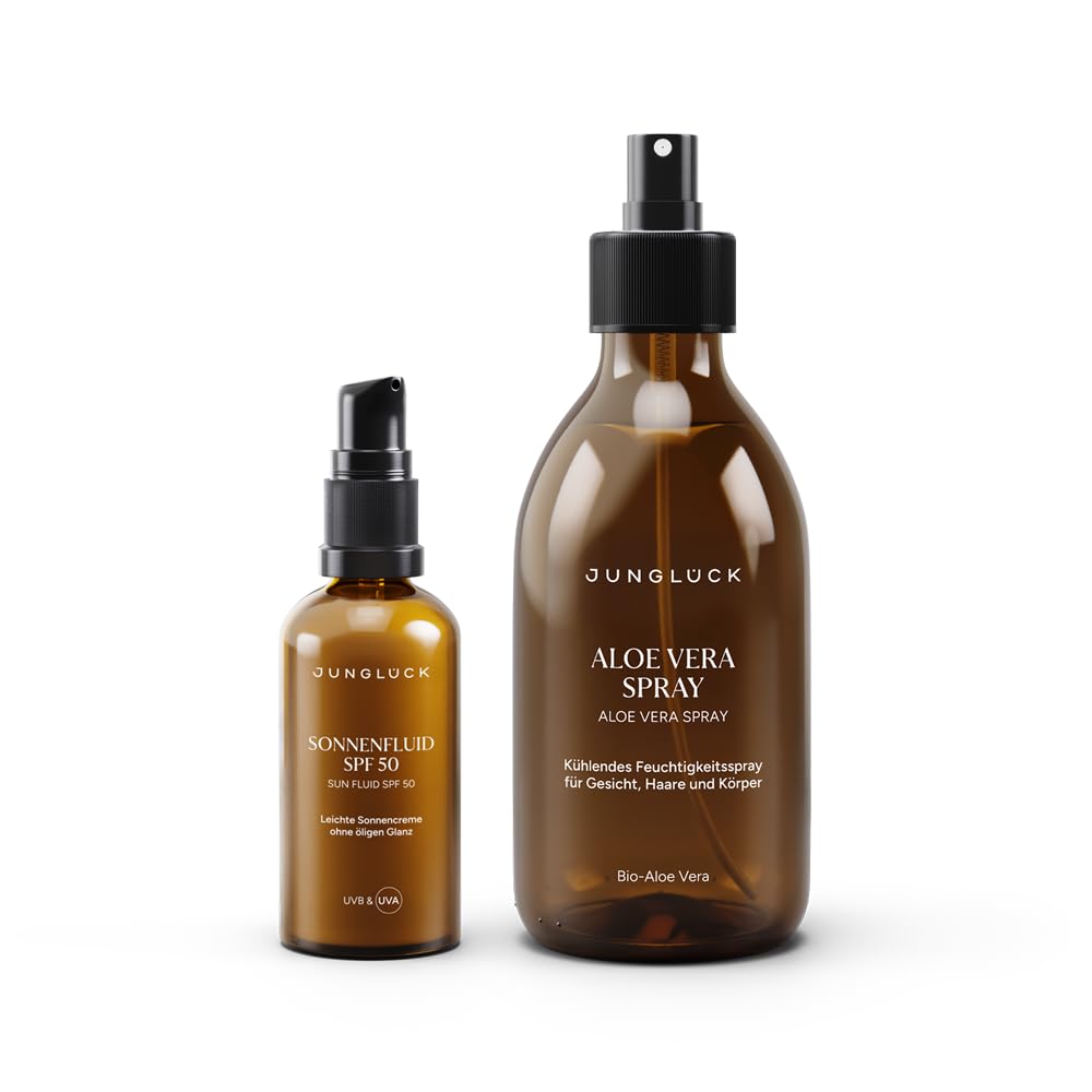 JUNGLÜCK Before & After Sun Set | Sonnenfluid SPF 50 50ml + Aloe Vera Spray 250ml – Sonnenschutz mit organischen UV-Filtern & Aloe Vera