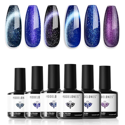 Image of modelones Cat Eye Gel Nail Polish 6 Colors Winter Black Blue Purple Glitter Gel Nail Polish Dark Blue Chameleon Sparkle Shimmer Polish with Magnet Soak Off Led Nail Art DIY Salon Gifts For Women