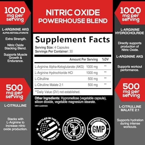 Image of Extra Strength Nitric Oxide Booster - 3X Strength L-Arginine AKG & Citrulline Malate - Men & Women Premium Pre Workout Nitric Booster - Natural Energy & Muscle Support, Bottled in USA - 120 Capsules