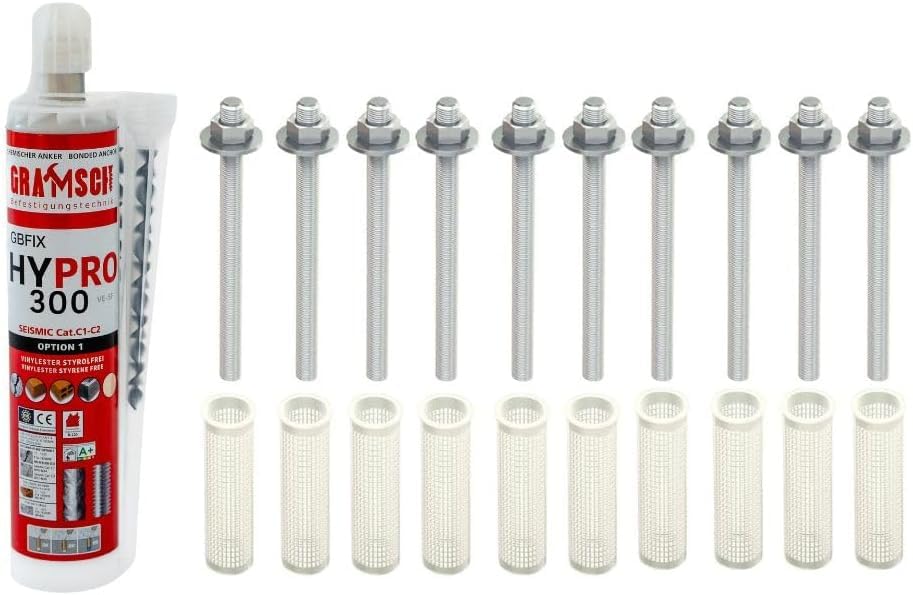 10x 8x110mm Ankerstangen gvz. + 1x HYPRO 300 + 10x 12x80mm Siebhülsen, Montagesets M6-M16 (Verzinkter Stahl, M8 x 110mm)