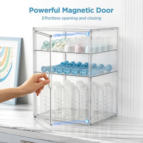 Image of HBlife Baby Bottle Storage Organizer for Countertop Cabinet, 3 Tiers Adjustable Clear Acrylic Bottles Storage Station Case Box Container with 2 Removable Dividers and Magnetic Door, X-Large