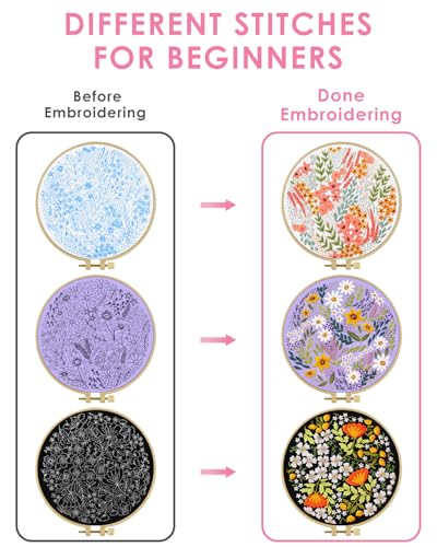 Image of TINDTOP Embroidery Kit for Adult, 3 Pack Embroidery DIY Starter Kit, with Stamped Patterns, Hoop, Tools, Colorful Threads with Needles, Instructions (Bouquet) | with Stamped Patterns, Hoop, Tools, Colorful Threads with Needles, Instructions (Bouquet)