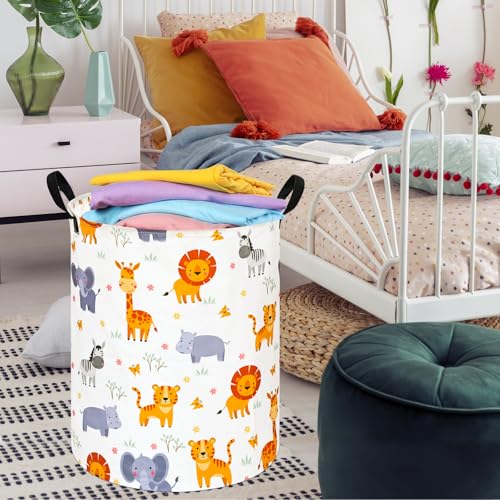 Image of Round Lion and Tiger Pattern Laundry Hamper Clothes Storage Basket Fabric Storage Hamper Organization Storage Bin, Nursery Box,Gift Basket with Handles