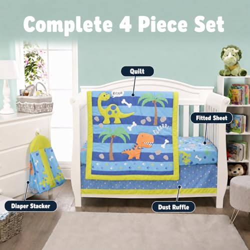 Image of EVERYDAY KIDS Dinosaur 4 Pc Crib Bedding and Nursery Set Includes Baby Bed Quilt, Fitted Sheet, Dust Ruffle and Diaper Stacker; Triceratops and T-Rex Dino Design for Baby Boys