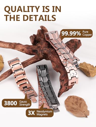 Image of Feraco Copper Magnetic Bracelets for Men,Pure Copper Jewelry Gift | 3X Strength Neodymium 57 Magnets,Powerful 3500 Gauss,Adjustable Length