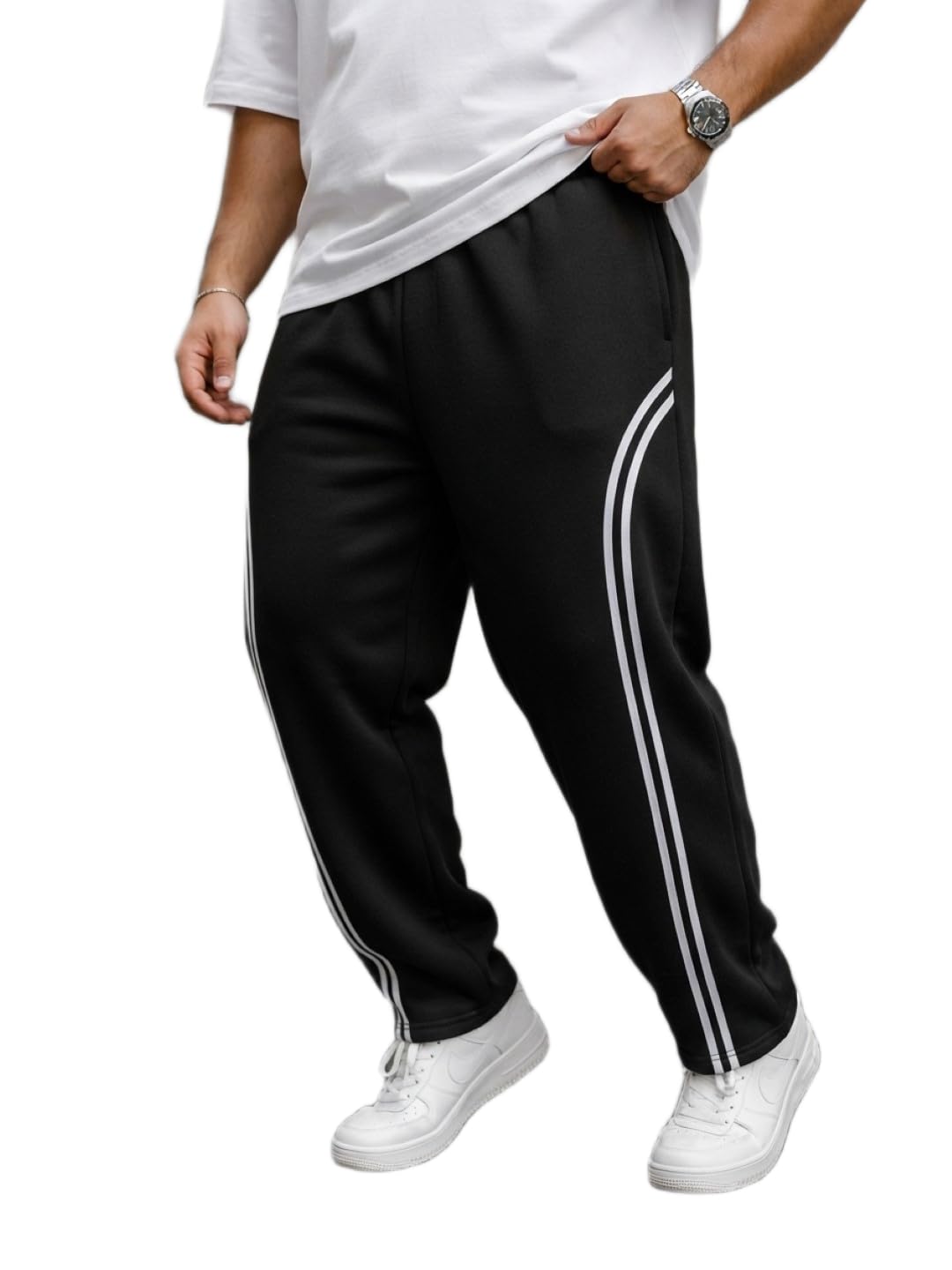 Men's Black Regular Fit Track Pants with White Side Stripes – Cotton Blend Jogger Style Pajama-picture-28