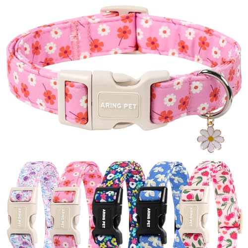 Image of ARING PET Girl Dog Collar for Puppy Small Medium Large Dogs-Pink Floral M | Cute Spring Summer Flower Pet Collars for XS S M L XL Girl Female Dogs, Soft Comfy Sturdy, Neighborhood Stroll Everyday Wear