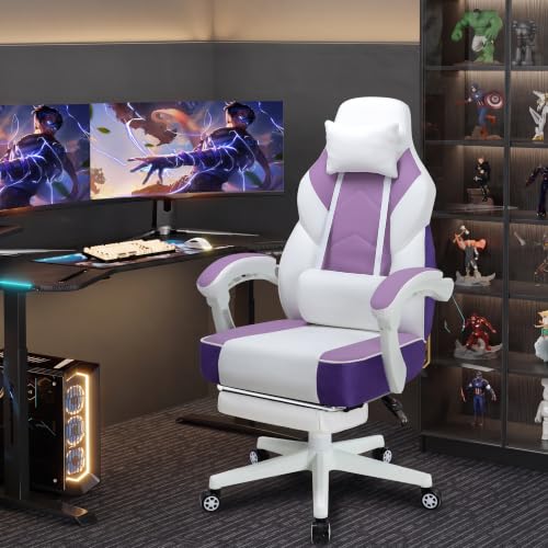 Image of Gaming Chair Ergonomic Computer Gaming Chairs with Footrest, Massage Lumbar Support, Height Adjustment, and 360 Swivel Seat (Purple)