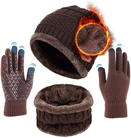 Aisprts Men Women Knitted Hat Scarf Gloves Set Winter Thermal Beanie Snood and Touchscreen Gloves Soft Fleece Lining Winter Hat for Men and Women