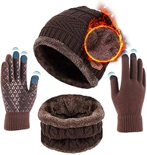 Aisprts Men Women Knitted Hat Scarf Gloves Set Winter Thermal Beanie Snood and Touchscreen Gloves Soft Fleece Lining Winter Hat for Men and Women