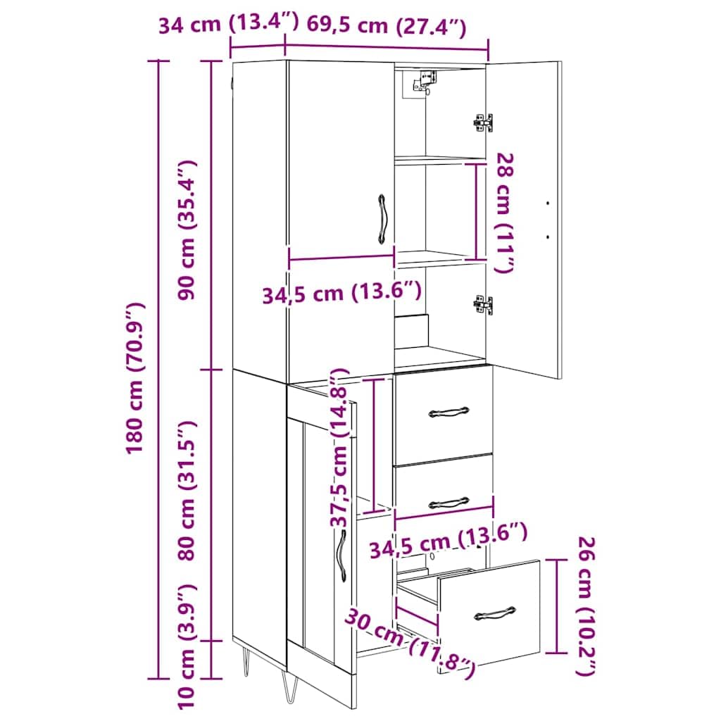 Buffet haut avec 3 tiroirs en bois vieilli, 69,5 x 34 x 180 cm, buffet moderne avec beaucoup d'espace de rangement pour salon, salle à manger, chambre à coucher et couloir, rustique et