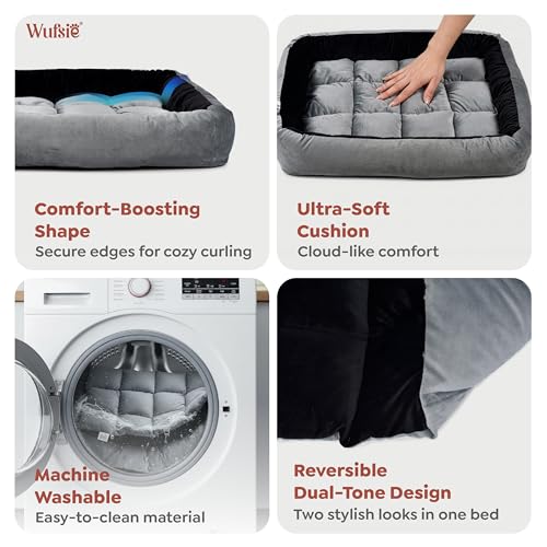 Image of Reversible Rectangle Dog Bed | Medium 60 X 75 Cm Pet Bed for Dogs and Cats | Premium Velvet, Washable Fabric | Soft Sofa-Style Bed for Dog with Thick 15 Cm Insert | Black & Grey