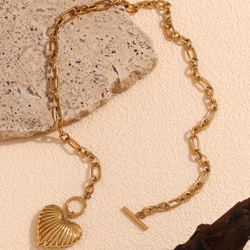 Chunky Gold Heart Necklace for Women,18K Gold Plated Puffy Heart Pendant with Paperclip Chain,Stainless Steel Statement Jewelry Waterproof Jewelry Gift for Chrismas2