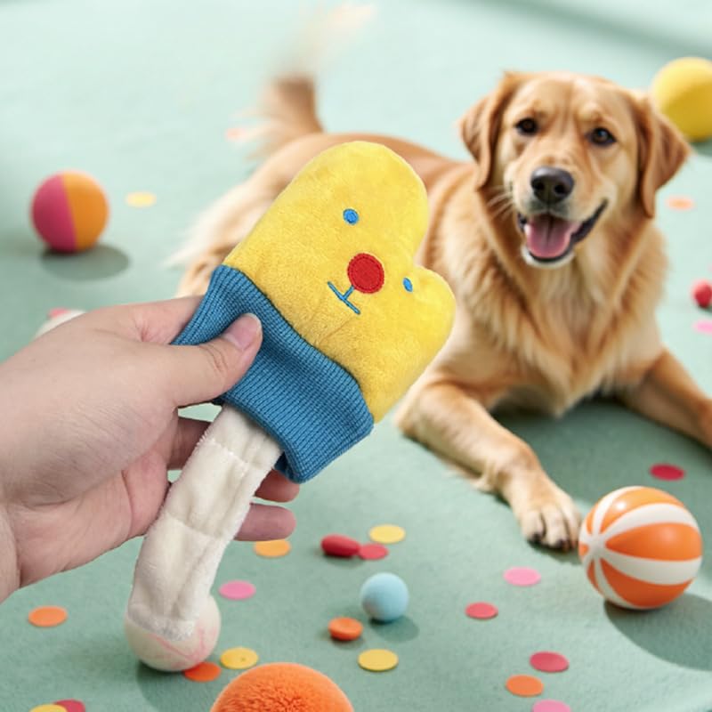 DAFORERAL Lindo juguete de peluche con forma de guante para perros con chirriador, juguete duradero para masticar y ayuda dental para mascotas (amarillo)