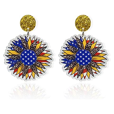 TIANBANGSHI Patriotic Red White Blue American USA Flag Earring Dangle Drop Earring American Flag Sunflower Daisy Heart Acrylic Drop Earrings for Women 4th of July Independence Day Gifts, Acrylic, np Cover