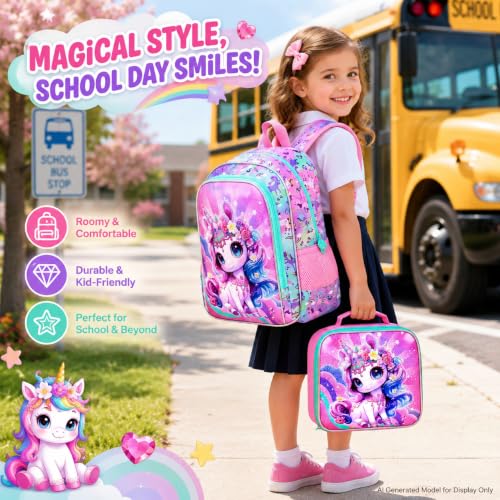 Image of 16 inch Unicorn Backpack for Girls, 3Pcs Kids School Backpacks with Lunch Box, Bookbag for Elementary Preschool Kindergarten(Pink)