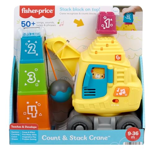 Fisher-Price Jeu Construction La Calculo’Grue Avec Blocs, Boule Démolition, Effets Sonores Et Lumineux, 50 Sons Et Plus, Jouet Bébé, A Partir De 9 Mois, Anglais, UK; Française; Allemande, HXF48
