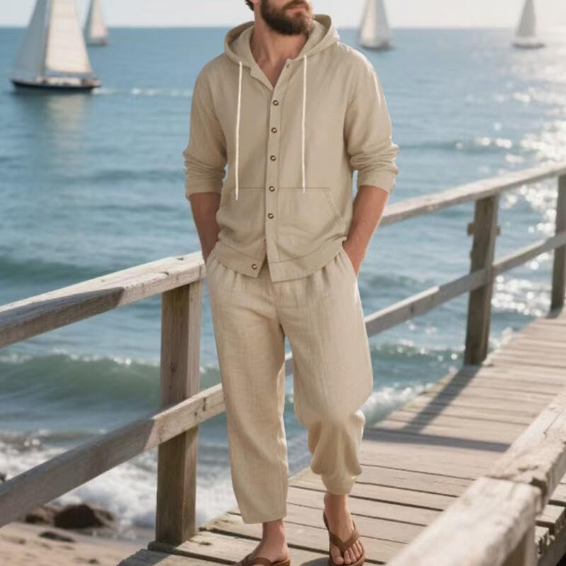 Men's 2 Pieces Cotton Linen Set Casual Long Sleeve Henley Shirts Beach Yoga Pants Summer Outfits