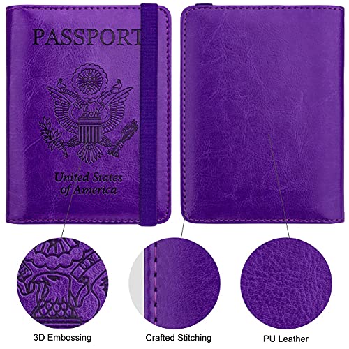 Image of WALNEW Passport Holder for Travel, RFID Passport Cover Wallet for Women Men, PU Leather Passport Book Card Holder Case with Pen (Elastic Band Closure, A-Purple)