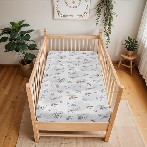 Image of Vintage Planes Airplanes Helicopters Baby Crib Sheets Boy Girl 28 inchx52 inch Plane Stars Clouds Sky Soft Stretchy Fitted Crib Mattress Cover Baby Sheet for Standard Crib & Toddler Mattress Pad