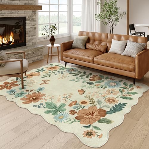 Lahome Floral Living Room Rug, 5x7 Rugs for Bedroom Ultra-Thin Soft Washable Dining Room Rug, Non Slip Stain Resistant Boho Low-Pile Throw Carpet for ‎Office (5x7ft,Beige)
