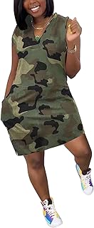 Women's Camo Print Dress Jumpsuit Deep V Neck Sleeveless Tunic Mini Dress Plus Size with Pocket Clubwear - Buy now
