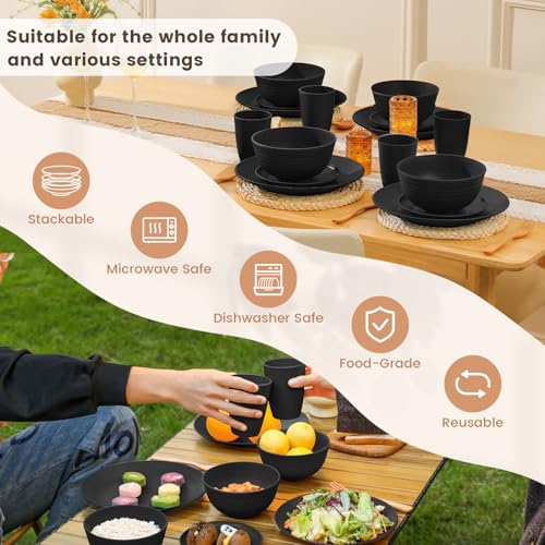 Image of Homienly 16-Piece Wheat Straw Dinnerware Sets, Reusable Unbreakable Plates and Bowls Sets,Cups,Service for 4, Premium Dishwasher and Microwave Safe Dish Sets for Kitchen,Outdoor - Black