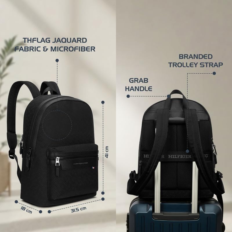 Image of Tommy Hilfiger Unisex Laptop Backpack Flexon - Black | 14 inch Padded Tech Sleeve | Eva Laminated Jacquard Twill With Rwb Webbing & File Organiser | Backpack For Office, College & Work | 23L Capacity