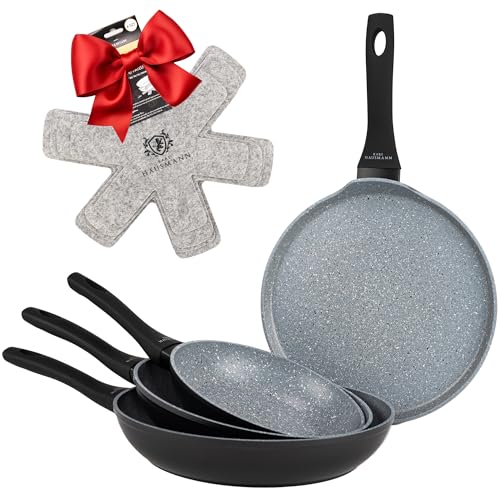 KARL HAUSMANN Lot de Poêles Induction 20+24+28 cm + Poêle à Crêpe - Set de Poele Granit Antiadhésives pour Tous Types de Cuisinières - Poele Sans Teflon et Sans PFAS - Aluminium Léger - Poêle à Frire