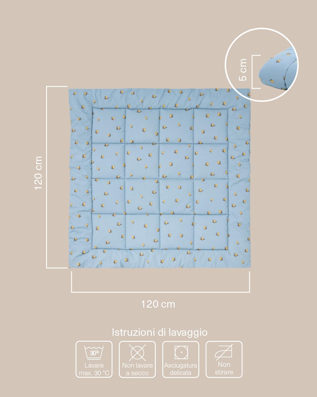 molis&co - Tappeto Gioco Bambini e Neonati 120x120x5cm - Tappeto Morbido Bambini - Tappeto Gioco Neonato Pieghevole, Reversibile e Lavabile - 100% Cotone (OEKO-TEX 100) - Colima