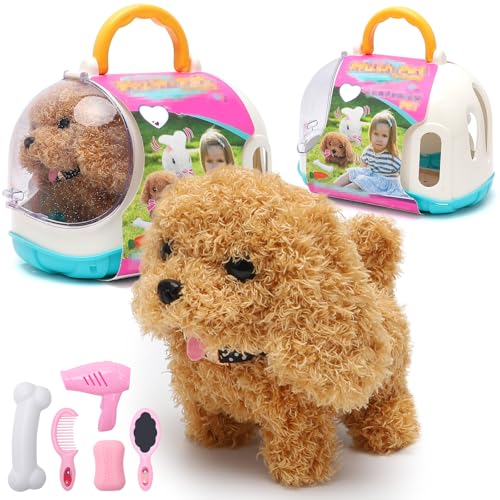 RANJIMA Perro Juguete Niños, Perro Que Corre y Ladra Peluche Juguete Interactivo Niños Mascotas Electrónicas Peluche Juguetes Regalos Niños Niñas de 2 3 4 5 6 7 Años-Teddy