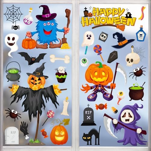 Halloween Window Clings,12 Sheets Cute Evil Pumpkin Bat Spider Wi...