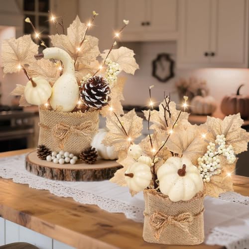 [Light & Timer] Fall Decor 2 Pack Fall Table Centerpieces with 20 LED Tabletop Maple Tree Pumpkin Pinecone Berry Branch Arrangement Fall Decorations for Home Kitchen Halloween Thanksgiving
