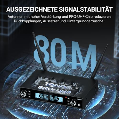 TONOR Mikrofon Kabellos Wiederaufladbares, Auto Scan, PRO-UHF Funkmikrofon Set, 2x100 Einstellbare Wireless Microphone, 6,35mm/3,5 mm, 80m Reichweite für Gesang Karaoke Kirche Party DJ, TW550